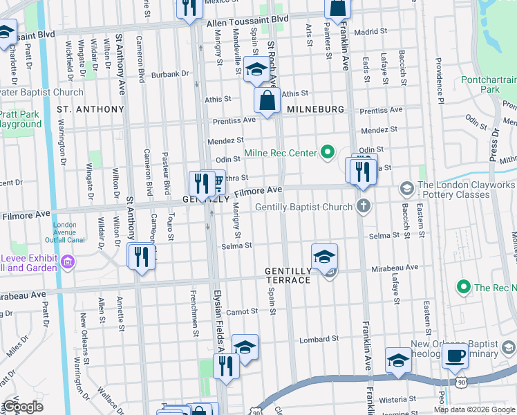 map of restaurants, bars, coffee shops, grocery stores, and more near 2323 Dreux Avenue in New Orleans