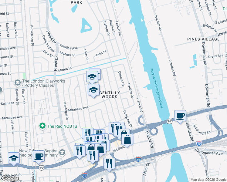 map of restaurants, bars, coffee shops, grocery stores, and more near 4925 Gallier Drive in New Orleans