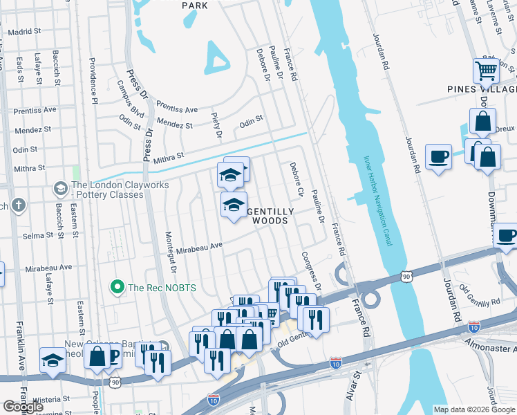 map of restaurants, bars, coffee shops, grocery stores, and more near 4943 Piety Drive in New Orleans