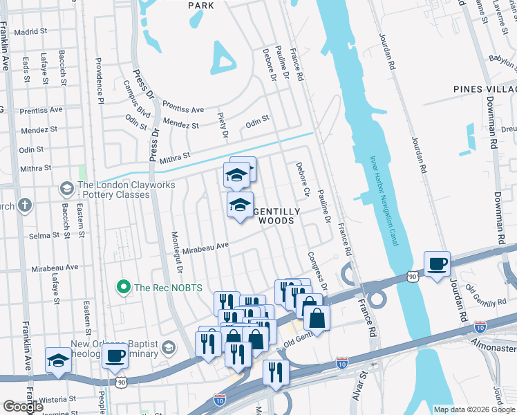 map of restaurants, bars, coffee shops, grocery stores, and more near 4943 Piety Drive in New Orleans