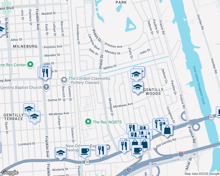 map of restaurants, bars, coffee shops, grocery stores, and more near 5101 Press Drive in New Orleans