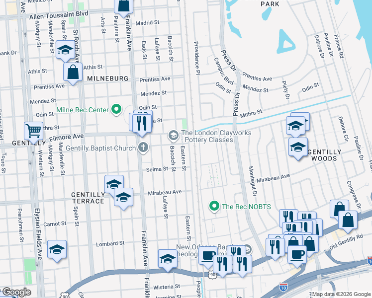 map of restaurants, bars, coffee shops, grocery stores, and more near 5163 Eastern Street in New Orleans
