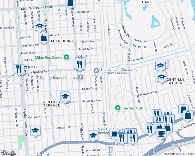 map of restaurants, bars, coffee shops, grocery stores, and more near 5157 Baccich Street in New Orleans