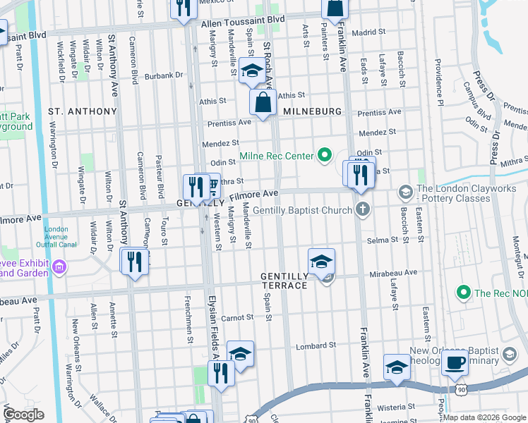 map of restaurants, bars, coffee shops, grocery stores, and more near 2323 Dreux Avenue in New Orleans
