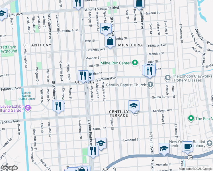 map of restaurants, bars, coffee shops, grocery stores, and more near 2323 Dreux Avenue in New Orleans