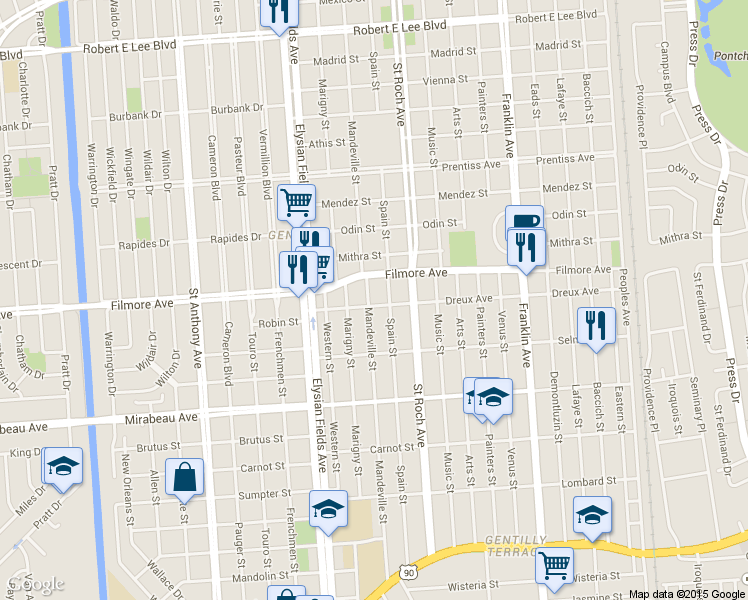 map of restaurants, bars, coffee shops, grocery stores, and more near 2323 Dreux Avenue in New Orleans