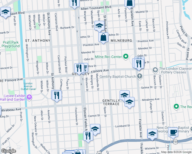 map of restaurants, bars, coffee shops, grocery stores, and more near 2251 Dreux Avenue in New Orleans