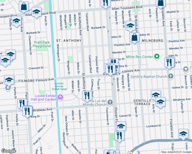 map of restaurants, bars, coffee shops, grocery stores, and more near 5240 Pasteur Boulevard in New Orleans