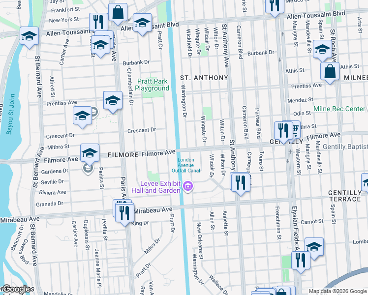 map of restaurants, bars, coffee shops, grocery stores, and more near 5301 Warrington Drive in New Orleans