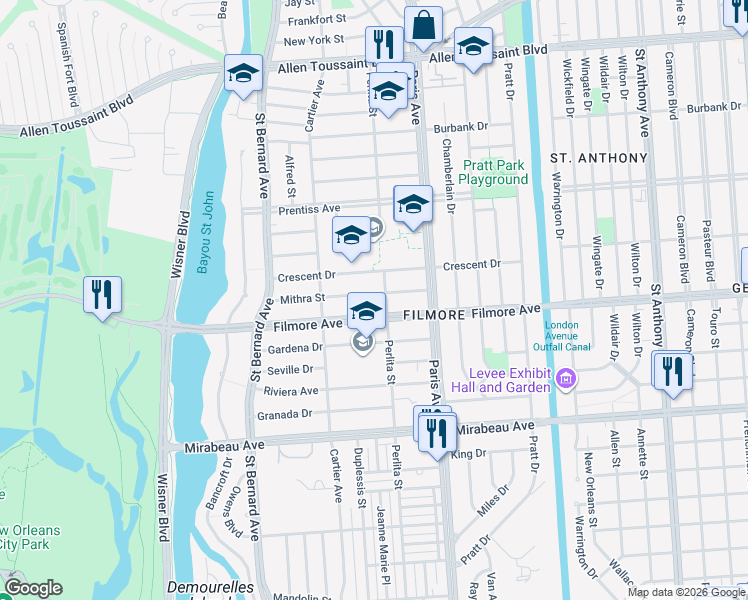 map of restaurants, bars, coffee shops, grocery stores, and more near 1470 Mithra Street in New Orleans