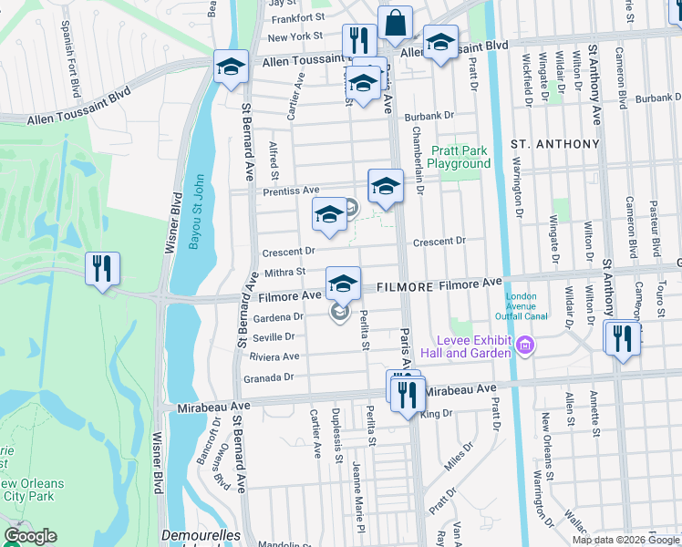 map of restaurants, bars, coffee shops, grocery stores, and more near 1470 Mithra Street in New Orleans