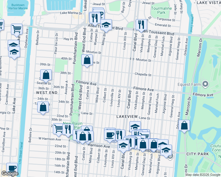 map of restaurants, bars, coffee shops, grocery stores, and more near 6659 Louisville Street in New Orleans