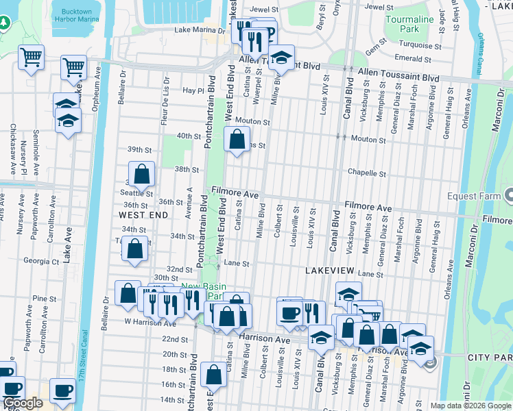 map of restaurants, bars, coffee shops, grocery stores, and more near 6621 Wuerpel Street in New Orleans