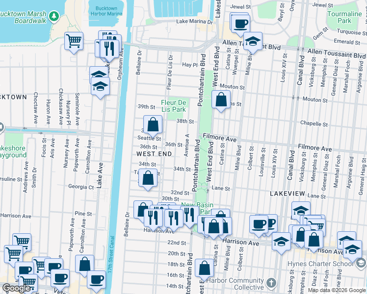 map of restaurants, bars, coffee shops, grocery stores, and more near 6557 Avenue B in New Orleans