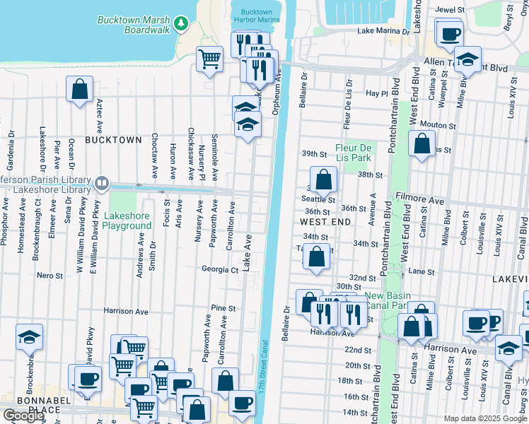 map of restaurants, bars, coffee shops, grocery stores, and more near 9 Chestnut Street in Metairie