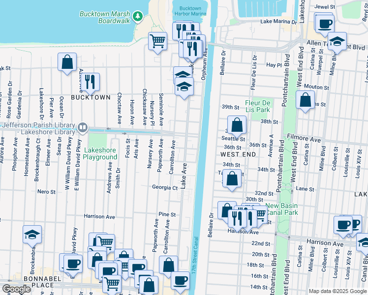 map of restaurants, bars, coffee shops, grocery stores, and more near 214 Chestnut Street in Metairie