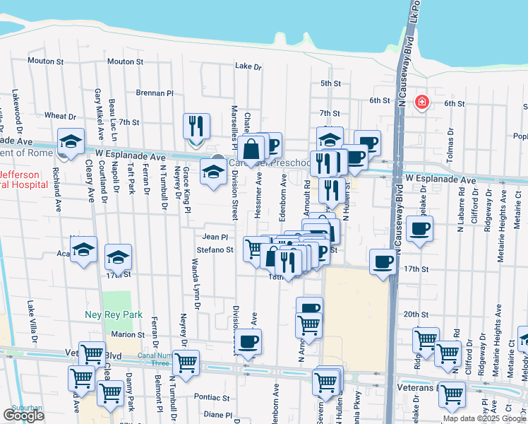 map of restaurants, bars, coffee shops, grocery stores, and more near 4202 Hessmer Avenue in Metairie