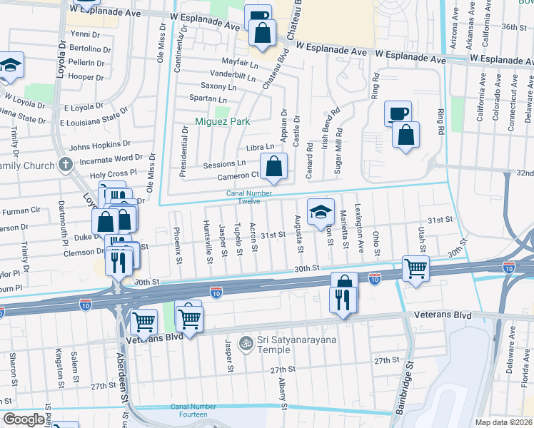 map of restaurants, bars, coffee shops, grocery stores, and more near 3126 Acron Street in Kenner