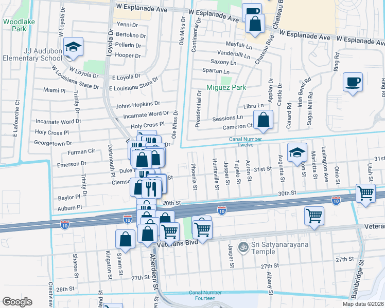map of restaurants, bars, coffee shops, grocery stores, and more near 3128 Phoenix Street in Kenner