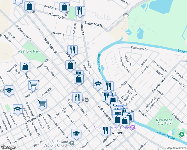 map of restaurants, bars, coffee shops, grocery stores, and more near 404 Fulton Street in New Iberia