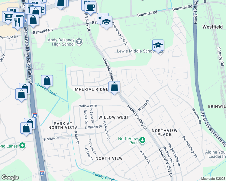 map of restaurants, bars, coffee shops, grocery stores, and more near 16826 Kinney Point Lane in Houston