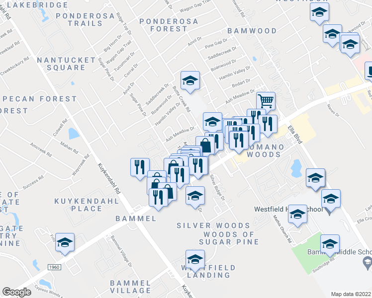 map of restaurants, bars, coffee shops, grocery stores, and more near 17050 Amarose Drive in Houston