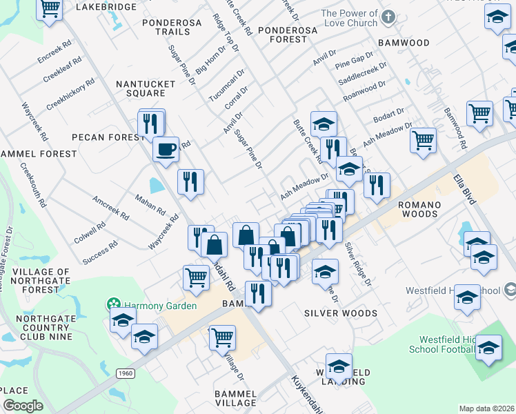 map of restaurants, bars, coffee shops, grocery stores, and more near 17227 Borden Manor Drive in Houston