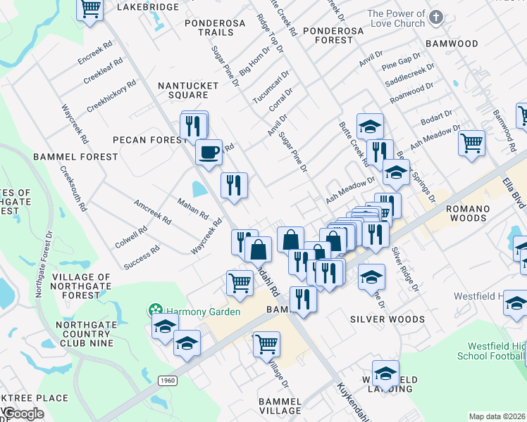map of restaurants, bars, coffee shops, grocery stores, and more near 17303 Ponderosa Pines Drive in Houston