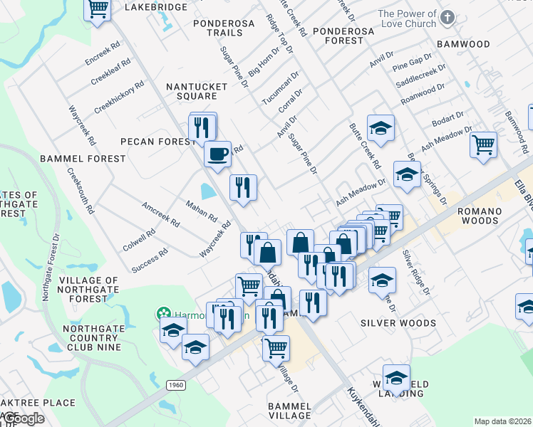 map of restaurants, bars, coffee shops, grocery stores, and more near 17307 Jackson Pines Drive in Houston