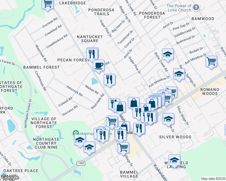 map of restaurants, bars, coffee shops, grocery stores, and more near 17307 Jackson Pines Drive in Houston