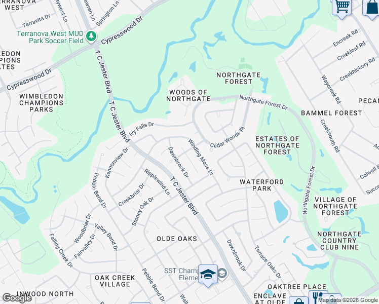 map of restaurants, bars, coffee shops, grocery stores, and more near 15618 Banty Falls Court in Houston
