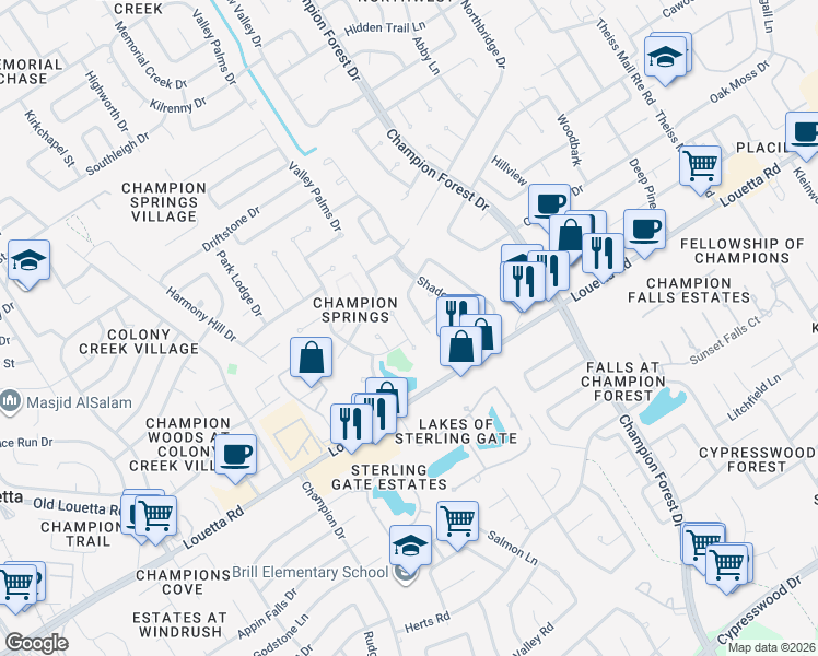 map of restaurants, bars, coffee shops, grocery stores, and more near 8610 Canyon Pine Drive in Spring