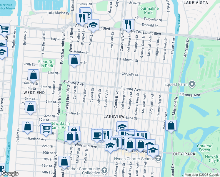 map of restaurants, bars, coffee shops, grocery stores, and more near 610 Filmore Avenue in New Orleans