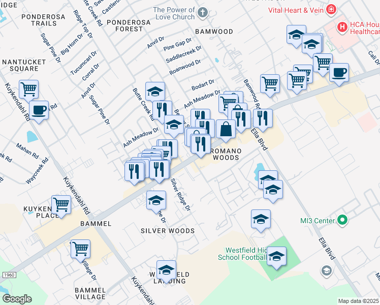 map of restaurants, bars, coffee shops, grocery stores, and more near 1700 Farm to Market 1960 Road West in Houston