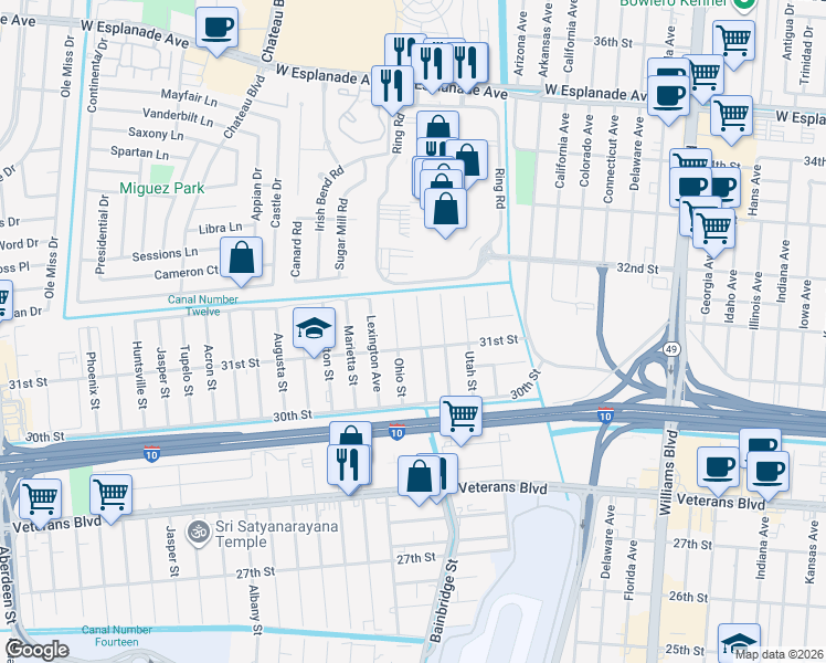 map of restaurants, bars, coffee shops, grocery stores, and more near 3117 Bainbridge Street in Kenner