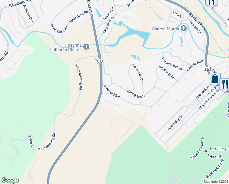 map of restaurants, bars, coffee shops, grocery stores, and more near 204 Riverhill Blvd in Kerrville