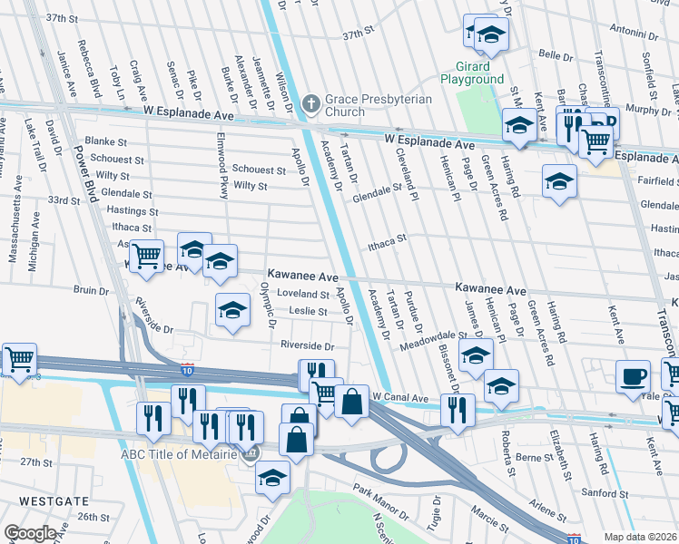 map of restaurants, bars, coffee shops, grocery stores, and more near 3801 Apollo Drive in Metairie