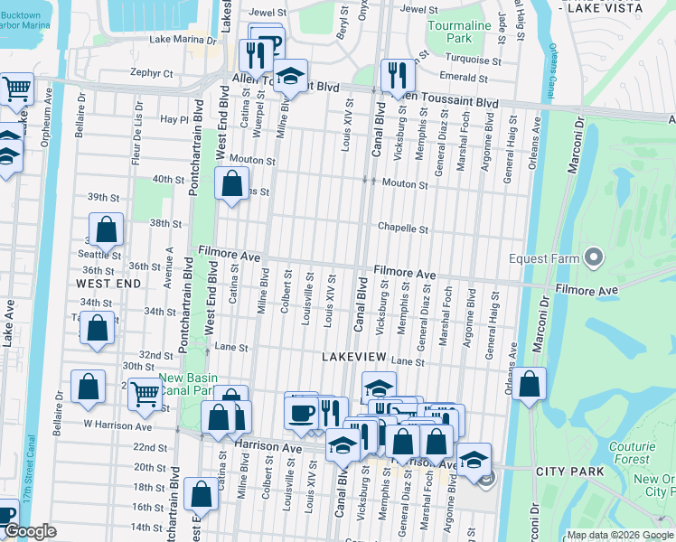 map of restaurants, bars, coffee shops, grocery stores, and more near 610 Filmore Avenue in New Orleans