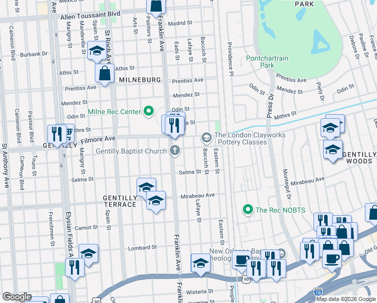 map of restaurants, bars, coffee shops, grocery stores, and more near 2640 Dreux Avenue in New Orleans