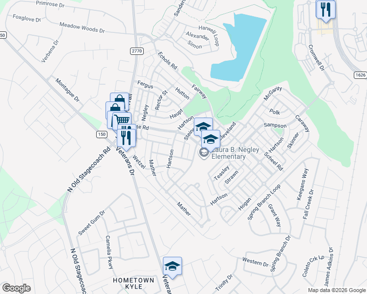 map of restaurants, bars, coffee shops, grocery stores, and more near 5912 Steiner Road in Kyle