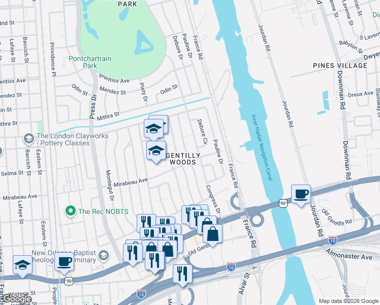 map of restaurants, bars, coffee shops, grocery stores, and more near 4925 Gallier Drive in New Orleans
