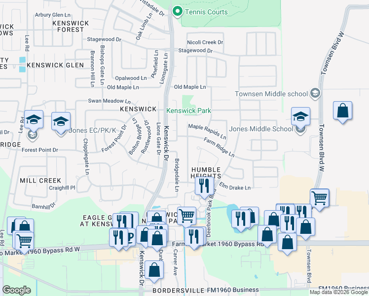 map of restaurants, bars, coffee shops, grocery stores, and more near 20031 Sweet Magnolia Place in Humble