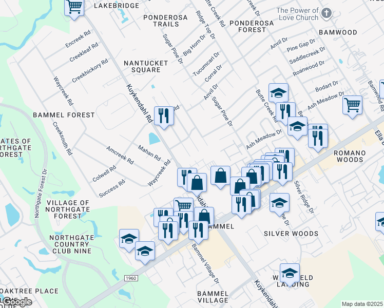 map of restaurants, bars, coffee shops, grocery stores, and more near 17307 Jackson Pines Drive in Houston