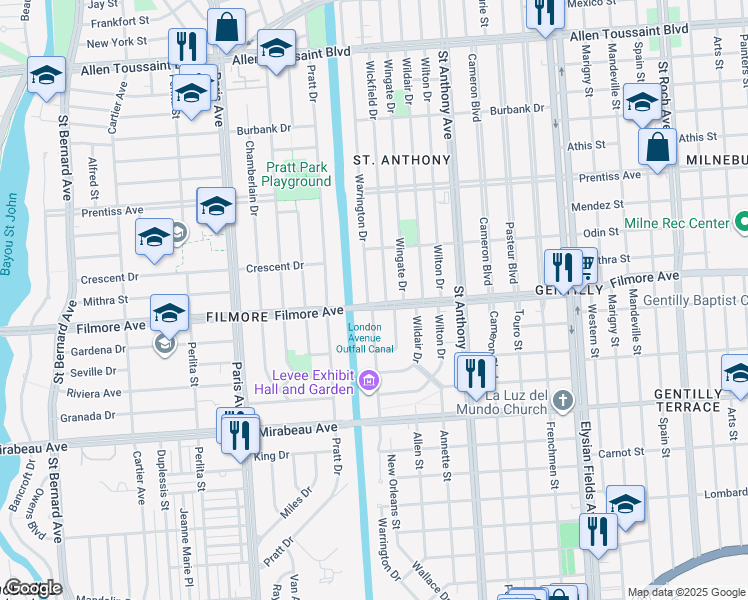 map of restaurants, bars, coffee shops, grocery stores, and more near 5301 Warrington Drive in New Orleans
