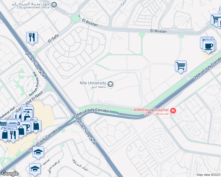 map of restaurants, bars, coffee shops, grocery stores, and more near 26th of July Corridor in First Al Sheikh Zayed