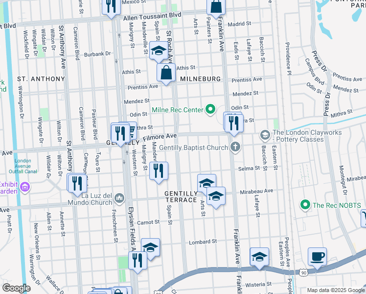 map of restaurants, bars, coffee shops, grocery stores, and more near 2410 Dreux Avenue in New Orleans