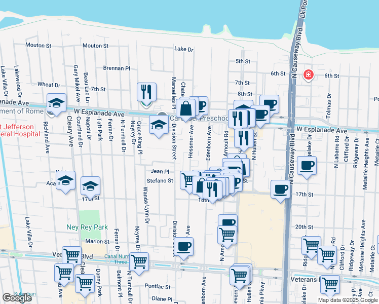 map of restaurants, bars, coffee shops, grocery stores, and more near 4202 Hessmer Avenue in Metairie