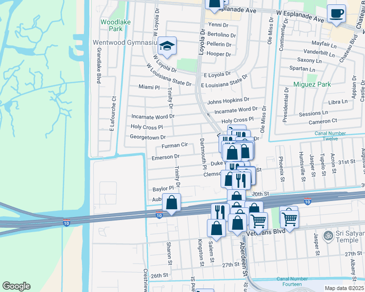 map of restaurants, bars, coffee shops, grocery stores, and more near 35 Furman Circle in Kenner