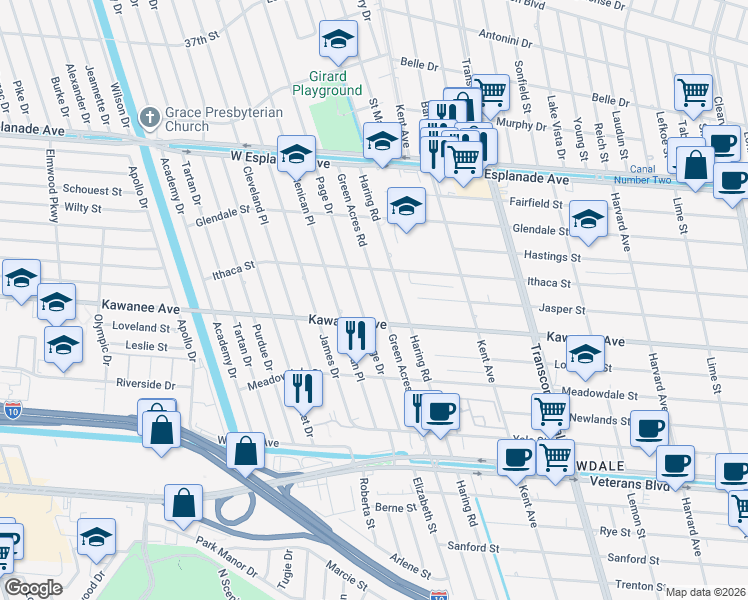 map of restaurants, bars, coffee shops, grocery stores, and more near 3809 Page Drive in Metairie