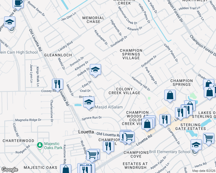 map of restaurants, bars, coffee shops, grocery stores, and more near 9314 Silver Tip Drive in Spring